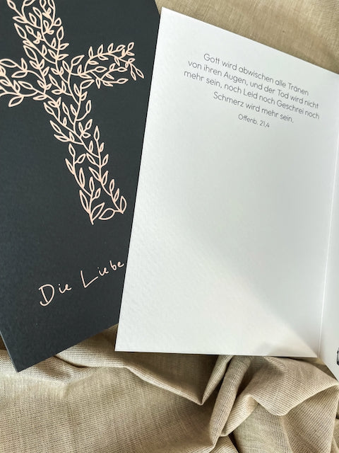 Trauerkarte, Beerdigung, Kondolenz, Beileidskarte, ich will dich trösten, die Liebe aber bleibt, Trauerkarte mit Bibelvers, christliche Trauerkarten, christlicher onlineshop, lettersandbeauties