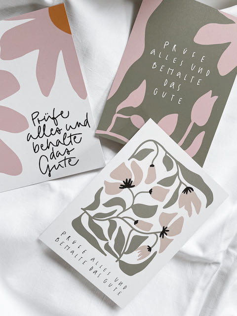 Jahreslosung 2025, Prüfe alles und behalte das Gute, Postkarten zur Jahreslosung, christliche Postkarten, Karten für die Gemeinde, Hauskreis, lettersandbeauties