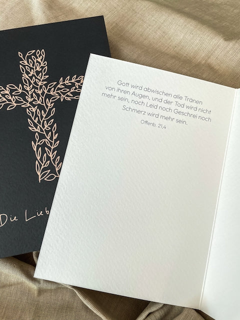 Trauerkarte, Beerdigung, Kondolenz, Beileidskarte, ich will dich trösten, die Liebe aber bleibt, Trauerkarte mit Bibelvers, christliche Trauerkarten, christlicher onlineshop, lettersandbeauties
