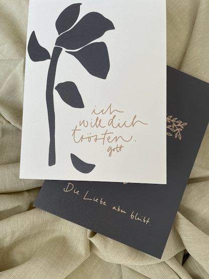 Trauerkarte, Beerdigung, Kondolenz, Beileidskarte, ich will dich trösten, die Liebe aber bleibt, Trauerkarte mit Bibelvers, christliche Trauerkarten, christlicher onlineshop, lettersandbeauties