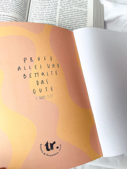 christliche Geschenke, christlicher shop, lettersandbeauties, Jahreslosung, Notizheft zum Bibellesen, behalte das Gute